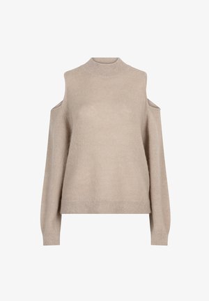 Beige trui met een hoge hals, open schouderontwerp, lange mouwen en zachte breistof. Minimalistische stijl zonder zichtbare hardware.