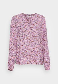 Blusa a maniche lunghe di colore viola chiaro con stampa floreale. Presenta un collo a V, dettagli con bottoni e polsini arricciati. Tessuto morbido e leggero.