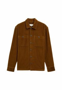 Brown corduroy shirt with a collar, two chest pockets, button-down front, and long sleeves. Textured fabric with vertical stripes.