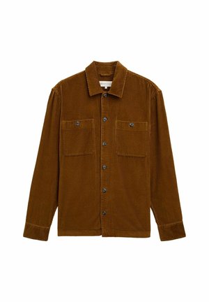Brown corduroy shirt with a collar, two chest pockets, button-down front, and long sleeves. Textured fabric with vertical stripes.