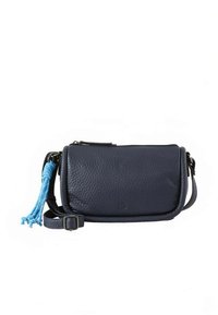 Borsa a tracolla in pelle blu navy con finitura testurizzata, caratterizzata da un nappina blu e una tracolla regolabile. Chiusura con cerniera nella parte superiore.