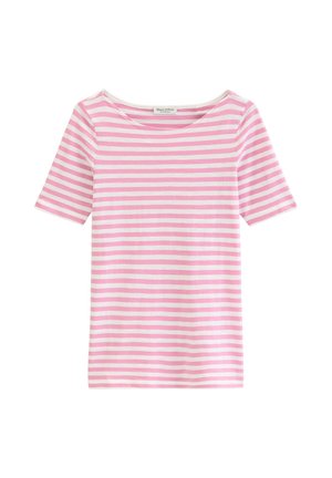 Chemise à manches courtes à rayures horizontales roses et blanches, col rond, coupe régulière, présentée sur un fond blanc.