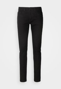 Černé džíny z denimu s úzkým střihem, vybavené zapínáním na knoflík, pěti kapsami a hladkým lemem. Materiál má hladkou strukturu.