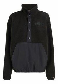 Schwarzer Fleece-Pullover mit hohem Kragen, Druckknöpfen und einer Fronttasche. Verfügt über ein kontrastierendes schwarzes unteres Panel und ein gesticktes Logo.