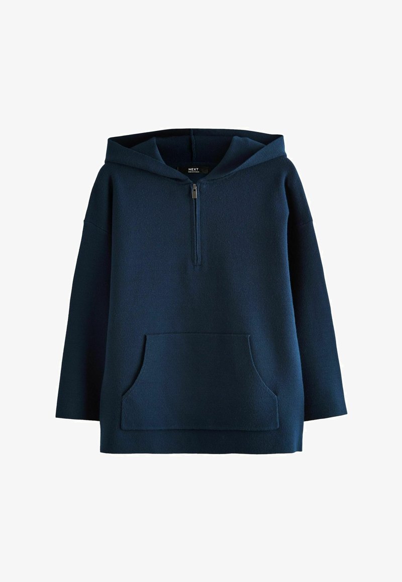 Hanorac din fleece de culoare bleumarin, cu buzunar frontal, închidere cu fermoar pe jumătate și croială relaxată. Dispune de glugă și mâneci largi.