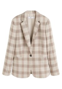 Kostkovaný blejzr v béžové a světle hnědé barvě, se zaobleným límcem, zapínáním na jeden knoflík, dvěma předními kapsami a strukturovanou látkou.