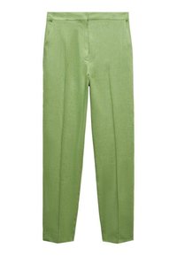 Pantalon vert clair ajusté avec une texture lisse, coupe droite, et deux poches avant. Présente une finition propre à la ceinture.