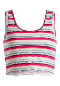 Veelkleurige cropped tanktop met een zigzagpatroon. Bevat tinten roze, blauw en crème. Gemaakt van geribde brei-stof met een gegolfde zoom.