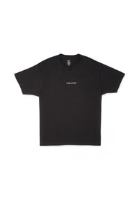 Svart bomull T-skjorte med rund hals og korte ermer, med en liten hvit "VOLCOM" logo trykket på midten foran.