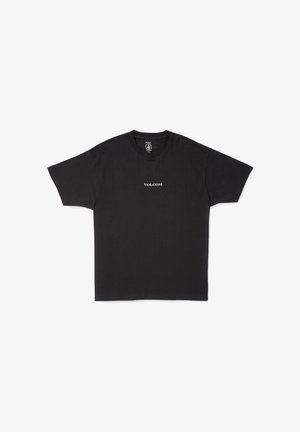 Black cotton t-shirt featuring a round neck and short sleeves, with a small white "VOLCOM" logo printed on the front center.