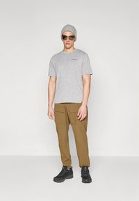 Hall hall puuvillane T-särk sinise logoga vasaku rinna piirkonnas, pruunid kaubapüksid mitme taskuga, hall müts ja mustad tossud.