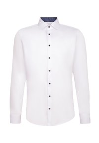 Witte overhemd met lange mouwen, zwarte knopen en een donkergroene kraagvoering met witte stippen.