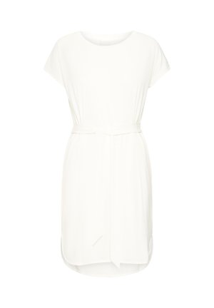 Witte jurkje tot de knie met korte mouwen en een riem die op de taille is geknoopt, met een ronde halslijn en een licht gebogen zoom.