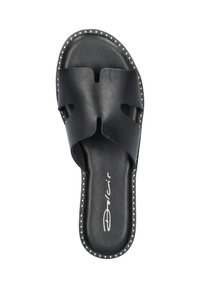 Black leather slide sandal with two wide strap openings, cushioned footbed, and decorative studs along the edge. Signature logo on insole.