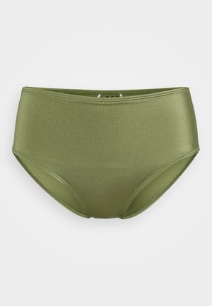 Olivově zelené bikiny s vysokým pasem, hladkým a lesklým povrchem a elastickým pasem. Jednoduchý design, žádné viditelné vzory nebo akcenty.
