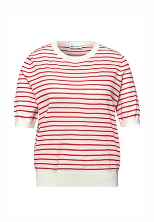 Biały krótki sweter z czerwonymi poziomymi paskami, okrągły dekolt oraz ściągacze na rękawach i dole.