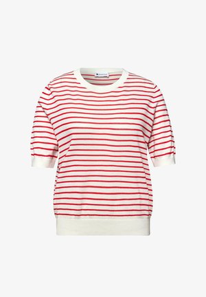 Biały krótki sweter z czerwonymi poziomymi paskami, okrągły dekolt oraz ściągacze na rękawach i dole.