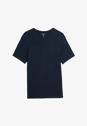 Marineblå kortærmet T-shirt med rund halsudskæring, lavet af blød cotton, med et enkelt design uden mønstre eller accenter.