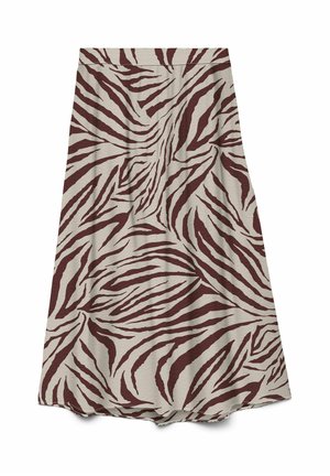 Midi skirt with brown and beige zebra print pattern and a slightly flared hem, made of textured lightweight fabric.