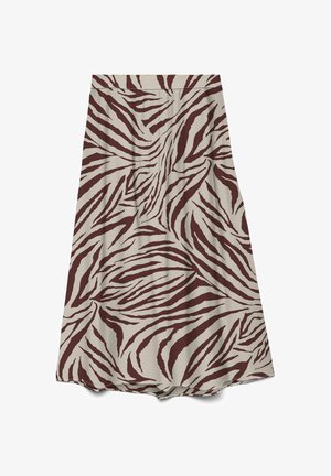 Jupe midi avec motif zèbre marron et beige et un ourlet légèrement évasé, fabriquée en tissu léger texturé.