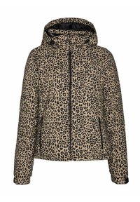 Veste matelassée marron avec imprimé léopard noir, fermeture éclair devant, deux poches latérales et capuche attachée avec cordons.