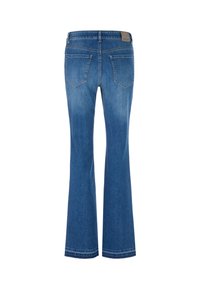 Flared blue jeans made of denim, featuring a mid-rise waist, two back pockets, and a straight cut from knee to hem.