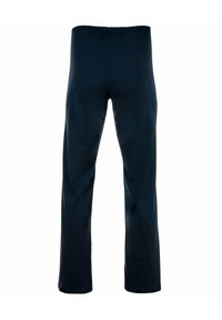 Marineblauwe broek van glad, rekbaar stof; heeft een elastische tailleband; ontworpen met een rechte pijp en zonder zichtbare zakken.