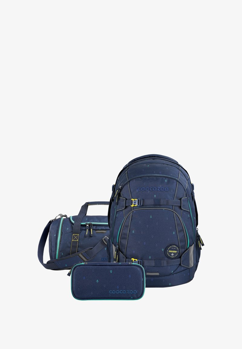 Navy blue backpack set including a backpack, duffle bag, and pencil case. Made of durable fabric with water droplet pattern and yellow accents.