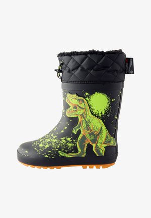 Botte de pluie en caoutchouc noir avec un motif de dinosaure vert et un design éclaboussé. Elle possède un dessus matelassé noir et une semelle orange. Cordon de serrage réglable.
