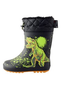 Stivale da pioggia in gomma nera con grafica di un dinosauro verde e design a schizzi. Presenta una parte superiore trapuntata nera e una suola arancione. Coulisse regolabile.