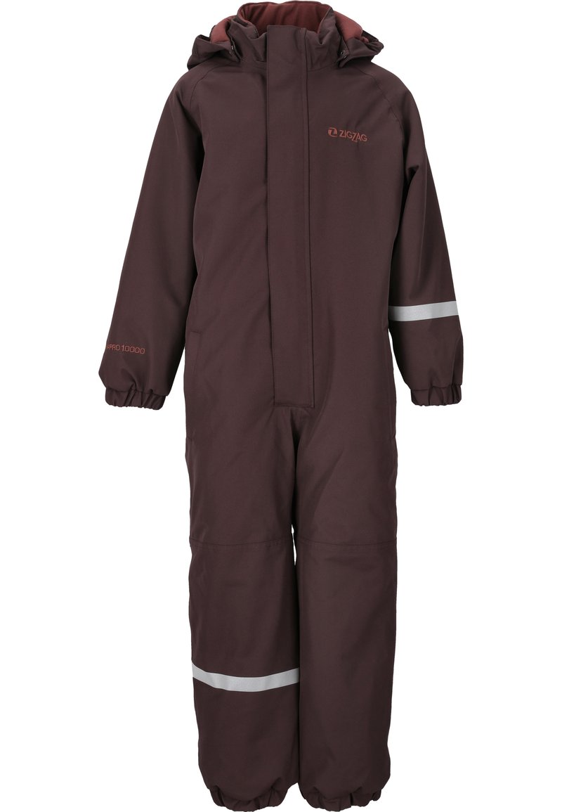 Bessenkleurige waterdichte overall met een rits aan de voorkant, elastische manchetten en reflecterende strepen op de armen en benen. Geïsoleerd ontwerp voor warmte.