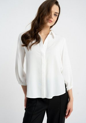 Kobieta ubrana w białą bluzkę z długim rękawem z detalami na guziki, czarne spodnie i rozpuszczone brązowe włosy spadające na jedno ramię, stojąca na jednolitym tle.