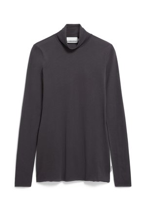 Long-sleeve, high neck top in dark gray, made from soft fabric. Features a relaxed fit with side slits and tag on the bottom left seam.
