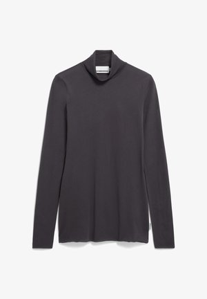 Langarm, hoge hals top in donkergrijs, gemaakt van zachte stof. Heeft een relaxte pasvorm met zijslits en een label aan de onderzijde van de linker naad.