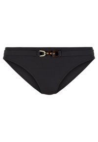 Zwarte bikini onderkant van een soepel, elastisch materiaal, met een gemiddelde snit en decoratieve gouden en schildpad motief gesp aan de voorkant.