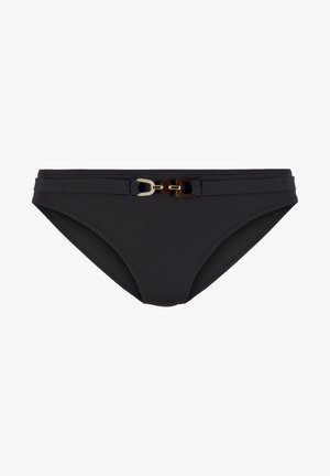 Zwarte bikini onderkant van een soepel, elastisch materiaal, met een gemiddelde snit en decoratieve gouden en schildpad motief gesp aan de voorkant.