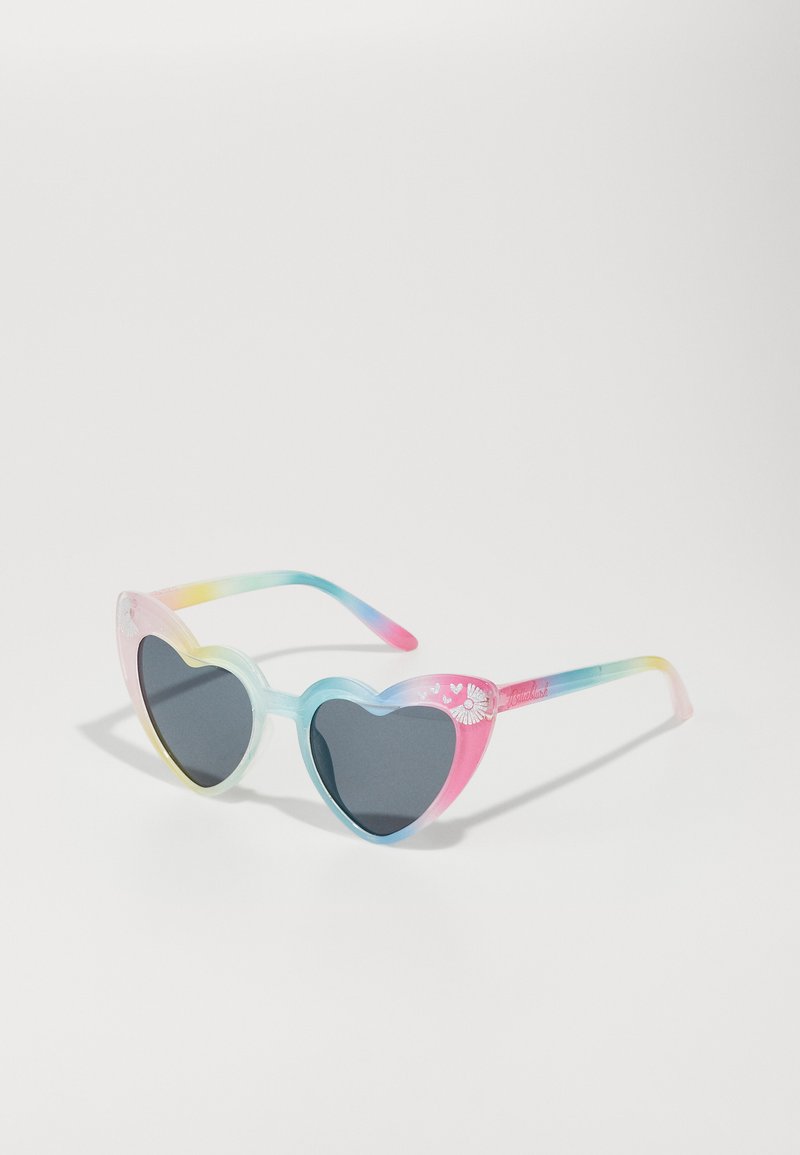 Hartvormige zonnebril met pastelgeleidelijkheid in blauw, roze en geel. Donkere lenzen met bloemdecoraties aan de zijkanten.
