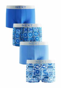 Fyra par blå boxershorts från NEXT. Funktioner inkluderar enfärgade blå och mönstrade designer med naturmotiv, samt mjuka elastiska midjeband.