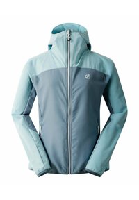 Wasserabweisende Jacke in Hellblau und Grau. Verfügt über einen durchgehenden Reißverschluss, eine angenähte Kapuze und zwei seitliche Taschen. Glatte Textur mit kontrastierenden Farben.