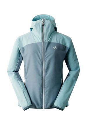 Wasserabweisende Jacke in Hellblau und Grau. Verfügt über einen durchgehenden Reißverschluss, eine angenähte Kapuze und zwei seitliche Taschen. Glatte Textur mit kontrastierenden Farben.
