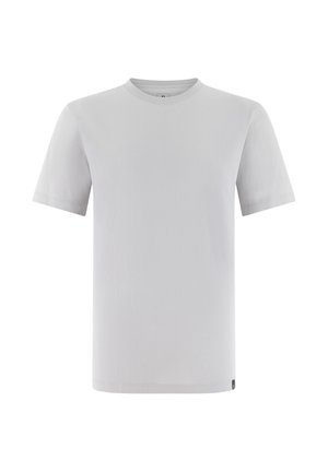 Effen lichtgrijs, kortärmelig T-shirt met ronde hals en een klein stoffen label aan de onderzoom, afgebeeld tegen een witte achtergrond.