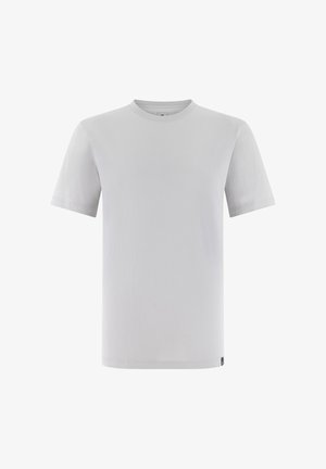 Schlichtes hellgraues T-Shirt mit kurzen Ärmeln und Rundhalsausschnitt, mit einem kleinen Stoffetikett am unteren Saum, auf weißem Hintergrund.