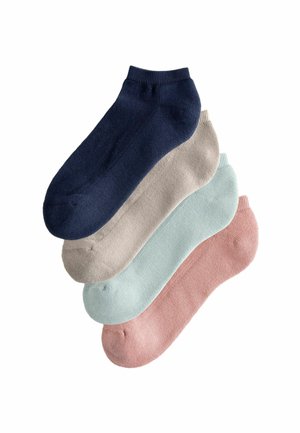 Set aus vier Knöchelsocken in Marineblau, Beige, Mintgrün und Hellrosa. Hergestellt aus weichem Stoff mit glatter Textur und gerippten Bündchen.