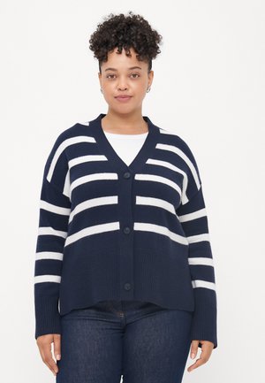 Navy striped cardigan with white stripes, deep V-neck, five buttons, ribbed hem and cuffs, made from a soft knit material.