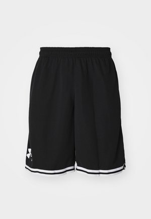 Black athletic shorts made from textured fabric. Features an elastic waistband and white stripes along the hem. Logo displayed on the side.