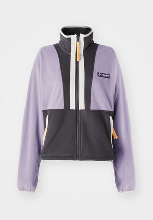 Purple and black fleece jacket with high collar, full zip, and color-block design. Features orange zipper pull and side pockets.