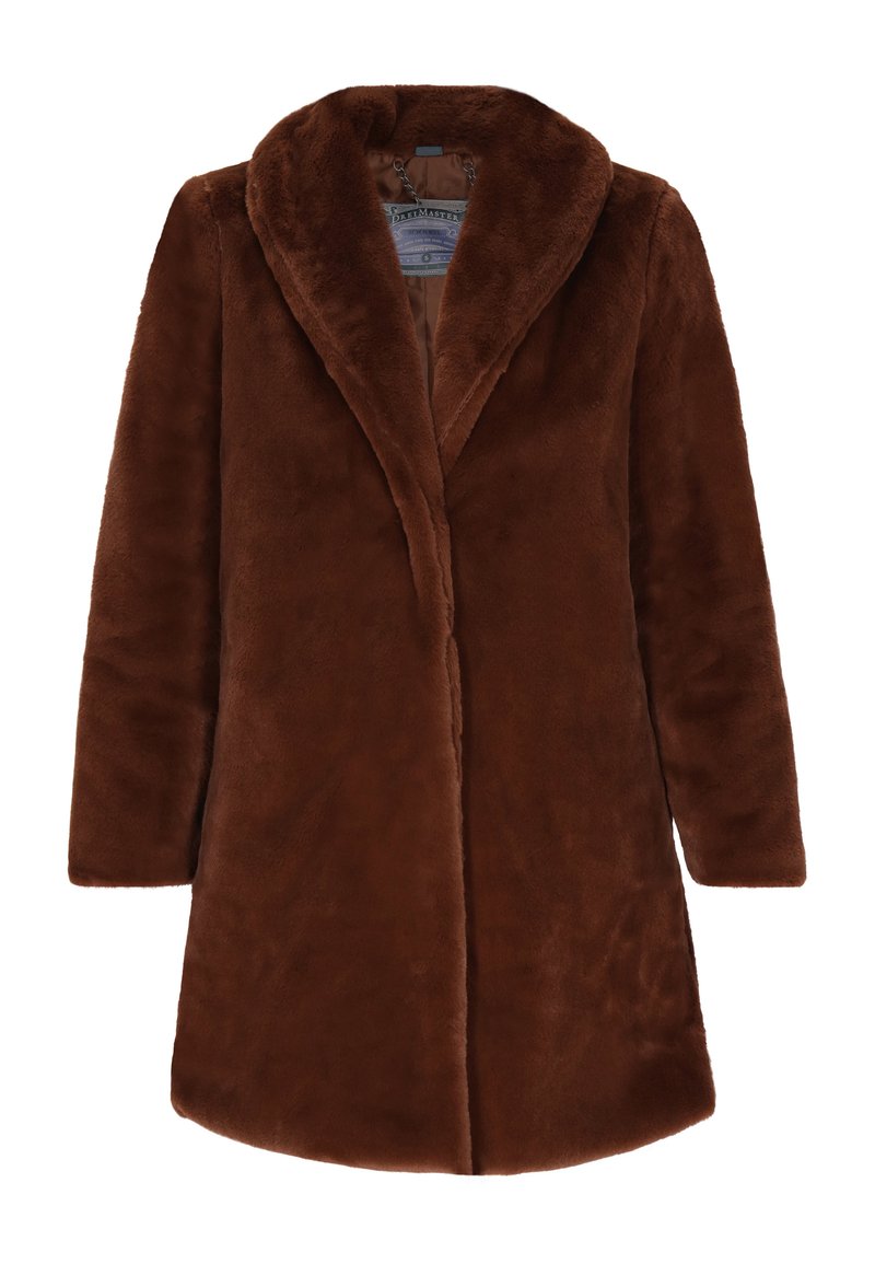 Bruine nep-bontjas met een sjaalkraag, knielange snit en lange mouwen. Zachte textuur en minimalistisch ontwerp, zonder zichtbare sluitingen.