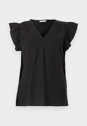 Juodas V-kaklo marškinėliai su trumpomis, banguotomis rankovėmis. Pagaminti iš lengvos medžiagos, pasižymi laisvu siluetu ir šiek tiek krentančia forma.