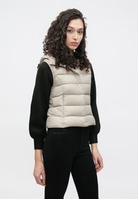 Vesta bej matlasată cu glugă, având un design acolorat și nasturi cu capse, purtată peste un pulover negru cu mâneci lungi și pantaloni negri.