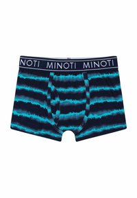 Plave i mornarice bokserice s prugastim uzorkom. Elastični pojas sadrži "MINOTI" logo. Mekani materijal s glatkom teksturom.